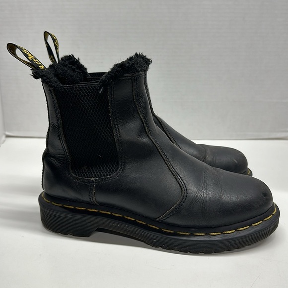 Dr Martens Docs Leonore Leather Chelsea Ankle Boots Faux Fur Trim Black Size 5 - Picture 3 of 8